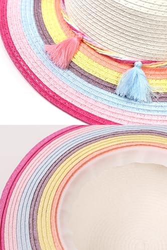 PinkSheep Girls Sun Hat,Cute Summer Straw Beach Hat for Toddler Kids with Wide Rainbow Brim & Tassels - UPF 50+ 7