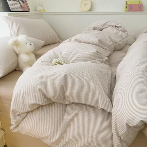 Image of MKXI Ultra-Slim Stripes Washed Cotton Duvet Cover Set, Breathable Textured Coastal Bedding in Oyster White & Sand Dune, Full 3-Piece, Nautical Stripe