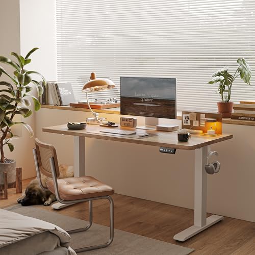 TIQLAB Standing Desk 63 x 24 inch, Electric Height Adjustable Desk with Splice Board, Sit Stand Desk Computer Table for Home Office, White Frame/Maple Top