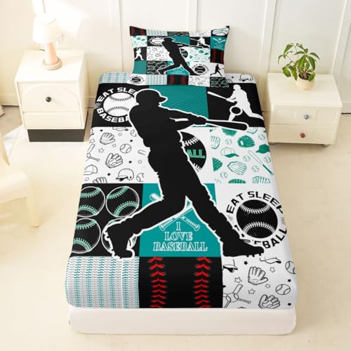 Image of Castle Fairy Baseball Player Bed Sheet Set Twin Size,Sports Geometric Grid Green Sheet Set Kids Teens,Patchwork Baseball Bedding Decor Set with 1 Flat & 1 Fitted Sheet with 1 Pillow Sham