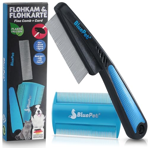 BluePet Flohkamm + Flohkarte Für Hunde & Katzen I Effktiv gegen Flöhe, Läuse & Zecken entfernen I Sanfte abgerundete Zinken I Als feiner Hundekamm,...