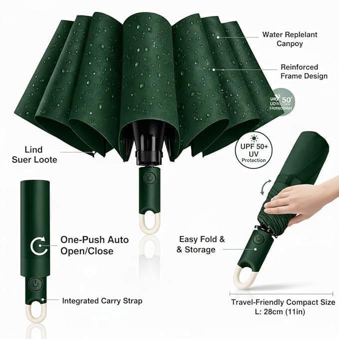 Image of UV Reversible Umbrella with Novelty Carabiner Handle, Travel-Friendly Umbrellas for Sun & Rain Protection, Windproof Compact, Automatic Open /Close,Plant Cutter for Home Garden Men and Women