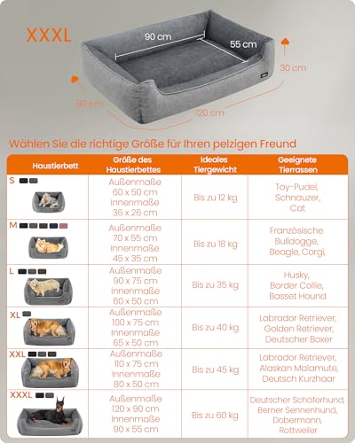 Feandrea Hundebett, Hundekissen in Leinenoptik, Hundekorb, erhöhte Ränder, rutschfeste Unterseite, Bezug abnehmbar waschbar, XXL, für extra große Hunde, 120 x 90 x 30 cm, hellgrau PGW013GG