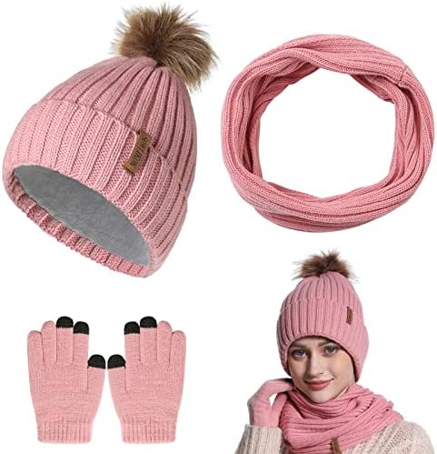 Alviller 3Pcs Winter Knitted Hat Scarf Gloves Set, Warm Beanie Pompom Cap Circle Neck Scarf Touchscreen Mitten kit Cold Weather Outdoor Accessories for Men Women