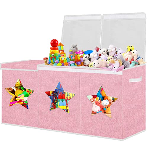 Xmasorme Extra Large Toy Box For Girls, Toy Chest Box Organizer Bins With Star Transparent Windows, Sturdy Handles And Mesh Bag, Foldable Large Size Storage Box For Nursery, Playroom, Bedroom #TOP23