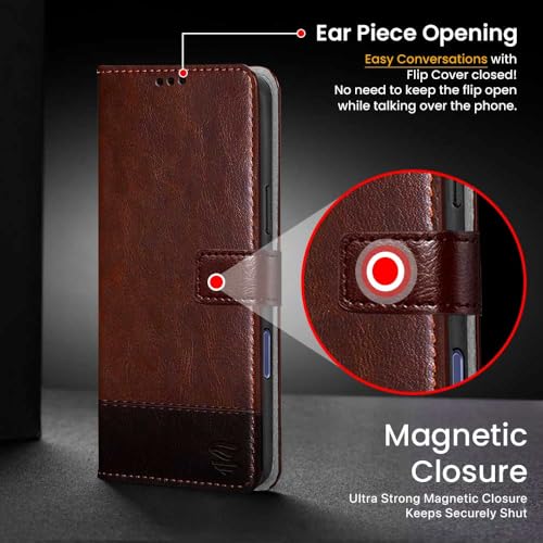 Image of FLIPPED Vegan Leather Flip Case Back Cover for iPhone 16 (Flexible, Shock Proof | Hand Stitched Leather Finish | Card Pockets Wallet & Stand | Brown with Coffee)