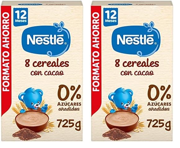 Nestlé Papilla 8 Cereales con Cacao, sin azúcares añadidos, a partir de los 12 meses, 725 g (Paquete de 2)