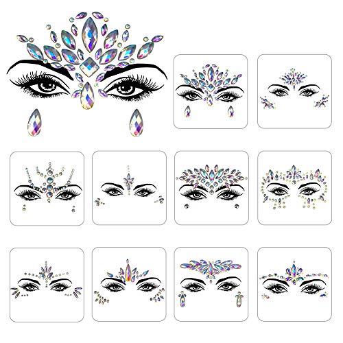 QiaoShiRen 10 PCS Noctilucent Face Gems Luminous Temporary Tattoo Stickers Acrylic Crystal Glitter Stickers Waterproof Face Jewels Rainbow Tears Rhinestone for Party and Rave Festival