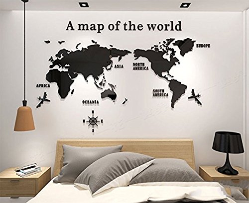 DecoBay Stickers muraux acrylique 3D World Map Wall Sticker décoration de la maison pour bureau salon canapé fond mur (S, noir)