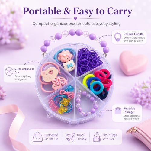 Image of Hair Accessories for Kids Girls | Purple Beaded Handle Box with Character Hair Ties, Rubber Bands & Beads | Hair Accessories for Baby Girl | Cute Hair Ties Set for Kids | Mixed Designs