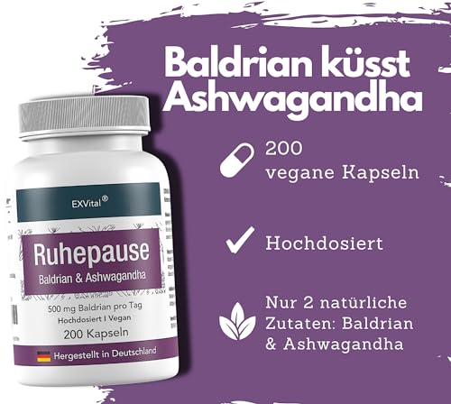 EXVital Ruhepause, mit Baldrian & Ashwagandha, Hochdosiert mit 500 mg Baldrian pro Tagesdosis, 200 vegane Kapseln reichen für 100 Tage! Frei von Zusätzen & in Deutschland hergestellt