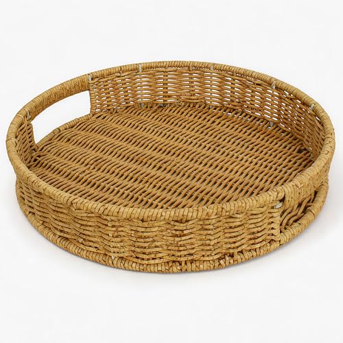 Round PP Rattan Serving Tray with Handles, 11.8” Durable Woven Coffee Table Tray, Waterproof Decorative Organizer Tray for Ottoman, Desk, Candle Display, Kitchen & Home Décor