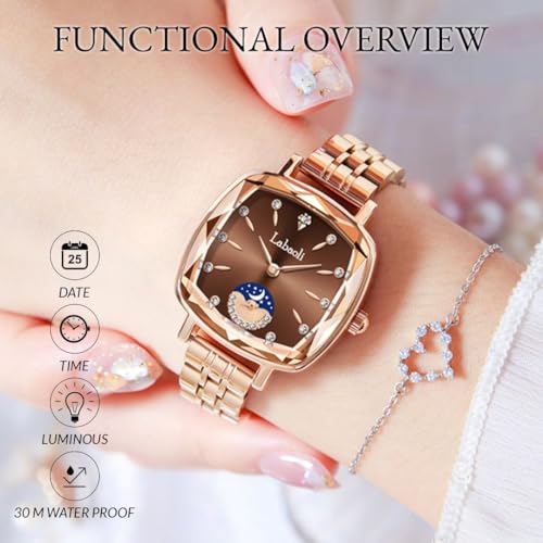Image of LONGBO Labaoli Women Stainless Steel Watches Analog Rose Gold Band and Square Dial Women's Watch for Girls &Miss & Ladies Diamond Studded with Stylish Watches Waterproof | Gift for Wife | Gift for Sister