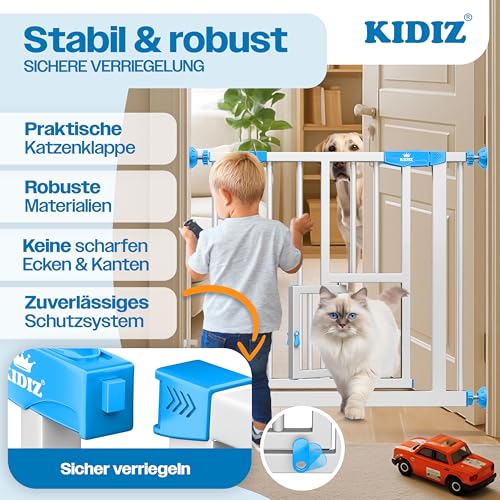 KIDIZ Absperrgitter zum Klemmen mit Katzenklappe, Türschutzgitter, Autoclose Kinder Treppengitter ohne Bohren | 90° Stopp Schutz, schwenkbar, Treppenschutzgitter, Weiß/Blau, Breite: 74-80 cm
