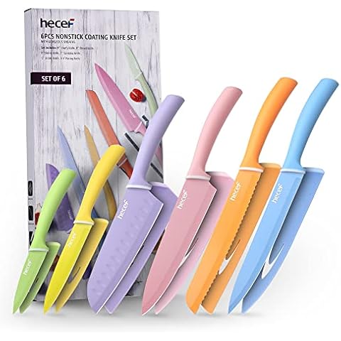 hecef Colorful Knife Set, 6 Pieces Kitchen Knife Set with Covers, Dishwasher Safe, Stainless Steel Colour Coded Non-Stick Cooking Knife Set Including Paring, Utility, Bread, Carving Cover