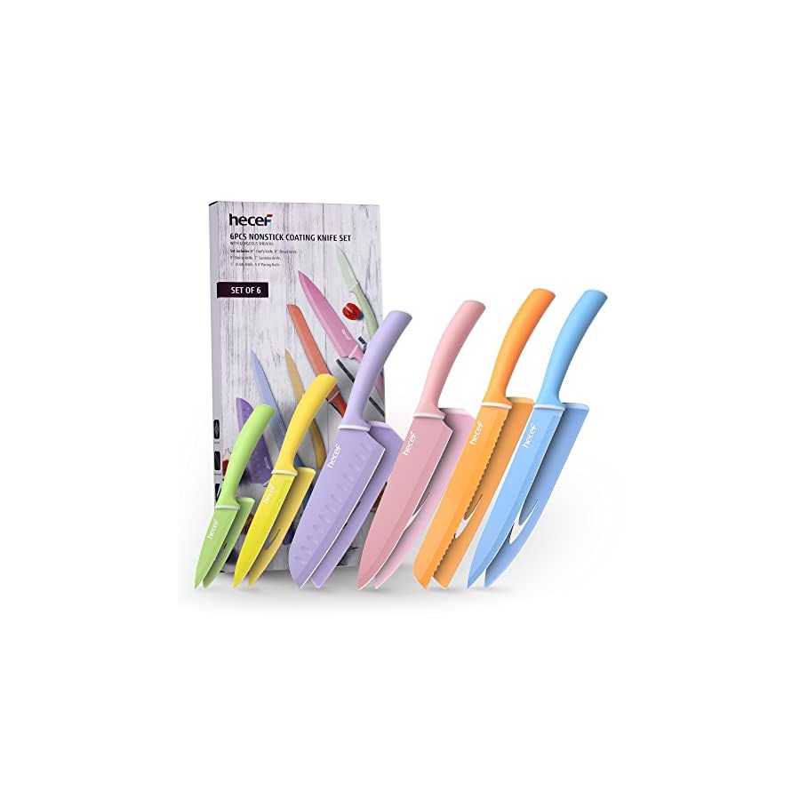 hecef Colorful Knife Set, 6 Pieces Kitchen Knife Set with Covers, Dishwasher Safe, Stainless Steel Colour Coded Non-Stick Cooking Knife Set Including Paring, Utility, Bread, Carving