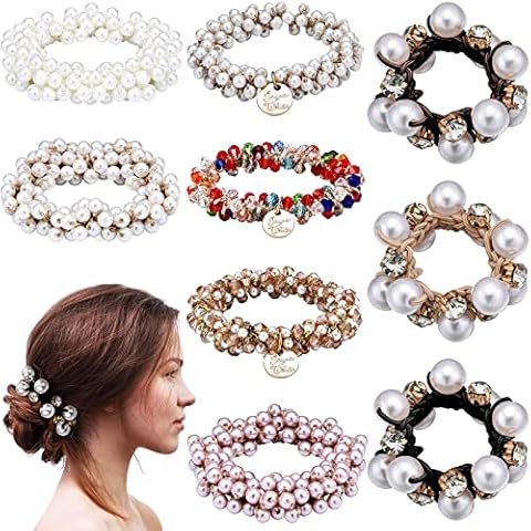 9 Pcs Pearl Hair Ties Elastic Hair Scrunchies Stretchy Hair Bands Bead Hair Ropes Ponytail Holders Boho Hair Elastics Ties Handmade Hair Accessories for Women and Girls (Classic Style) Cover