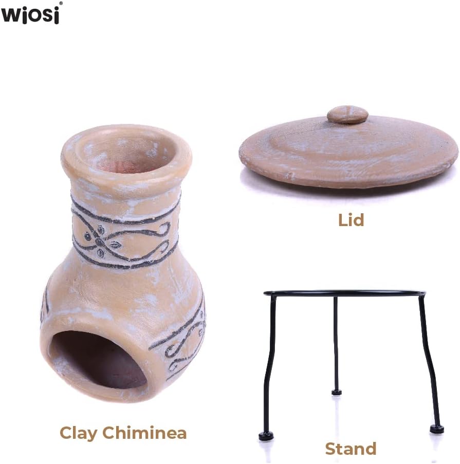 Small Chiminea Outdoor Fireplace – Wood Burning Clay Chiminea with Protective Chimney Rain Lids and Solid Metal Stands - Terracotta Chimenea for Patio, Garden – Rustic Fire Pit Chimnea Chimney : Patio, Lawn & Garden