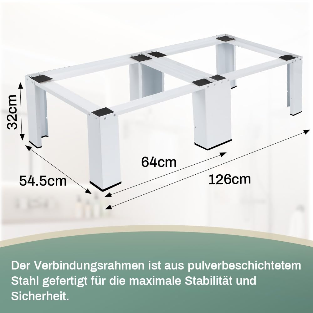Metall Doppel Waschmaschinen Untergestell 126x54x32 cm 300 kg Stabil 2-Fach Sockel Unterschrank für Trockner Kühlschrank Weiß