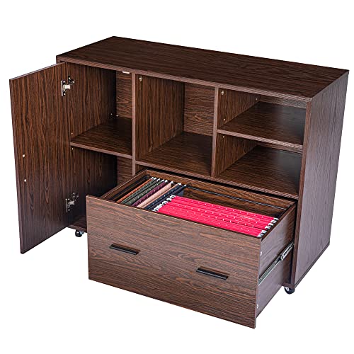 Spirich Office Lateral File Cabinet On Wheels, Wood Mobile Lateral Filing Cabinet With File Drawer And Door, Printer Stand With Open Storage Shelves For Home Office, Walnut #TOP1