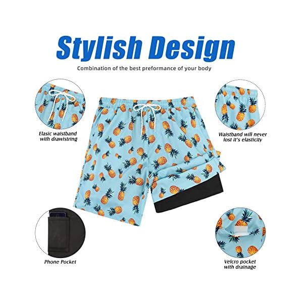 Men Swim Shorts with Compression Liner Mens Bathing Suit Mens Swim Trunks Ligh Blue Pineapple M - Image 6