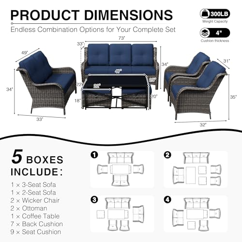 Image of Joyside 7 Piece Wicker Patio Furniture Set, Rattan Patio Chairs with High Back, Deep Seating, Wide Armrest, Thickened Cushions, Outdoor Furniture for Deck, Porch Use