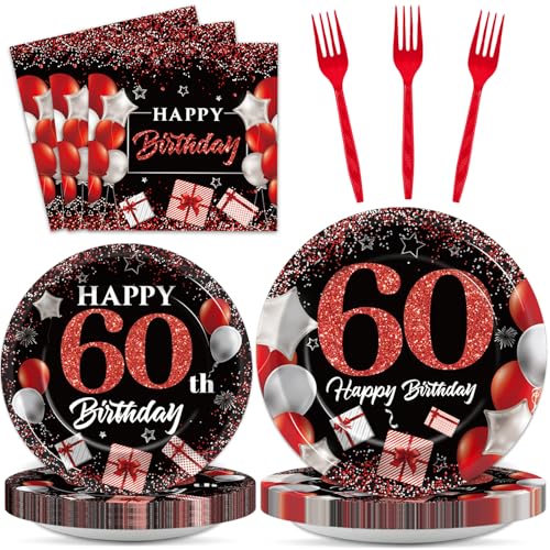 Image of gisgfim 96 Pcs 60th Birthday Plates and Napkins Party Supplies 60 Years Old Birthday Party Tableware Set Red Black Dinner Dessert Plates 60th Birthday Decorations Favors for Man Women for 24 Guests