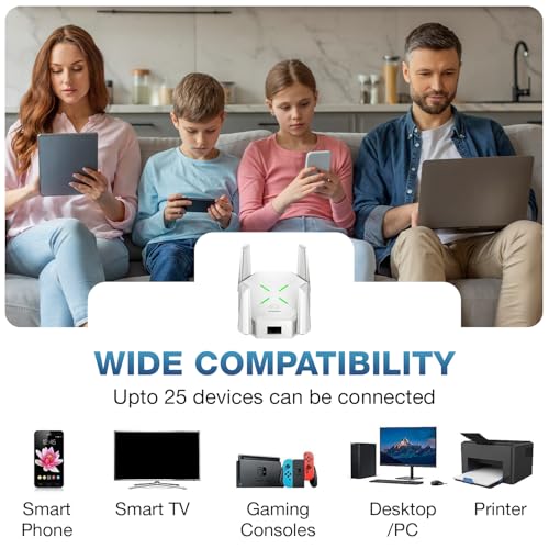 Image of Dual Band 1200Mbps WiFi Range Extender | 5GHz Signal Booster with 4 Antennas | Covers Large Homes | Supports 20 Devices (White, Dual Band)