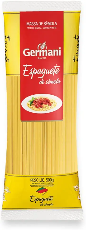 Macarrão Espaguete Sem Ovos Germani 500G, Germani Alimentos, Massa Espaguete De Sêmola Sem Ovos Pasta Spaghetti Senza Uova, Amarelo, Melhor Sabor Da Massa Mais Tradicional, Receita Caseira Desde 1892