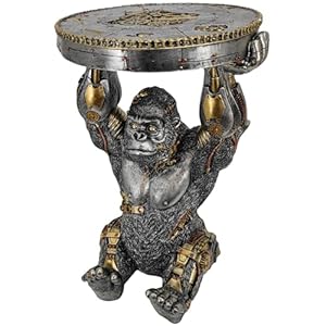 Steampunk Gorilla Side Table Pedestal End Table Stool Resin Cyborg Monkey Sci-fi Statue Sculpture Hand Painted Collectible Figurine with Cool Gear for Home Man Cave Decor Silver