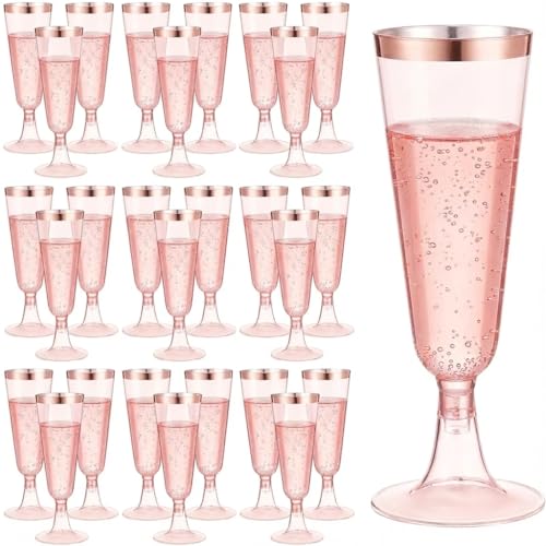 CYUU 25 Pack Plastic Champagne Flutes 5.5oz Pink Rose Gold Rim Disposable Suitable for Wedding Birthday Party Thanksgiving Day Christmas Supplies