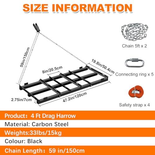 4 Ft Drag Harrow, Heavy Duty Driveway Grader, Tow Behind Lawn Rake with 5 Ft Chain, 4 Safety Belts, 2 Adjustable Bars, Driveway Drag for Gravel, Sand, Lawn, Soil, Hay, ATV, UTV, Mower, Tractor, Black - Thumbnail 2