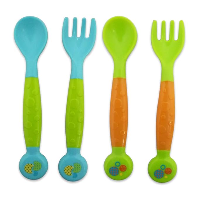 Little kids Baby Utensils Spoons Forks,Newborn Self Feeding Training Spoon and Fork Tableware Set Easy Grip Heat-Resistant Bendable BPA Free(Green)