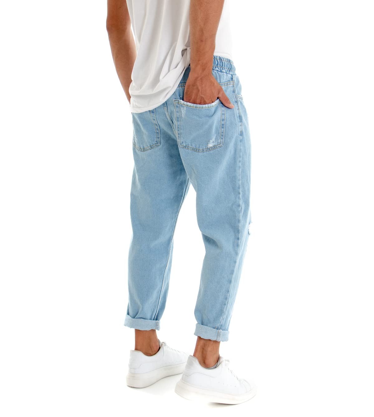Pantalone Uomo Jeans Tinta Unita Rotture Elastico Coulisse