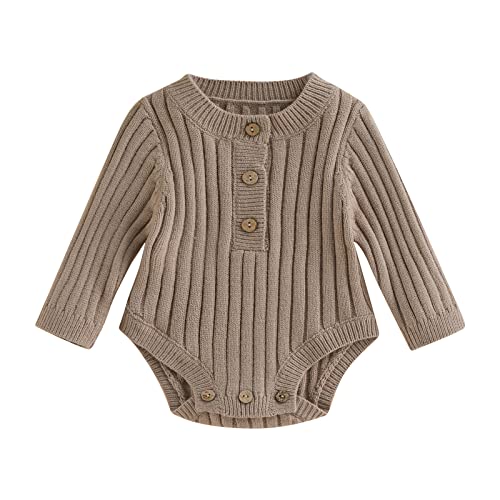 FYBITBO Newborn Infant Baby Girl Boy Sweater Romper Button Down Knit Onesie Warm Blouse Top Fall Winter Clothes Outfit (0-3 Months,A-little coffee)