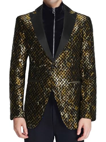 YEAHDOR Sequin Blazer for Men's Shiny Metallic Tuxedo Shawl Lapel Disco Party Plaid Suit Jackets Sports Coat3