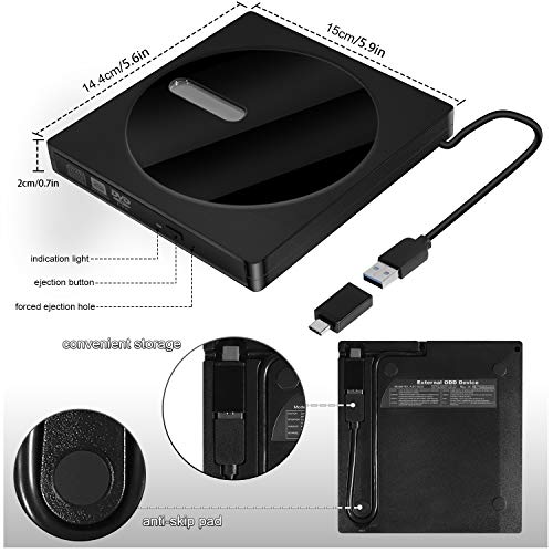 External CD/DVD Drive for Laptop USB 3.0 Portable CD/DVD +/-RW Drive Slim DVD/CD ROM Rewriter Burner (Black)