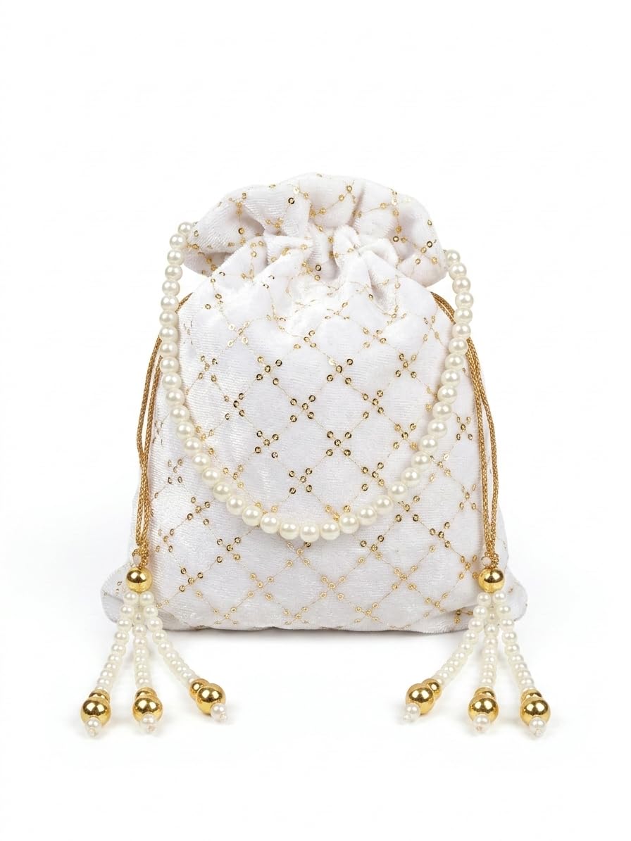 White Velvet Potli Bag for Women with Pearl Handle & Golden Work l Wedding Clutch Purse l Party hand purse l potly l Batuaa l Motee handle Purse l-picture-24