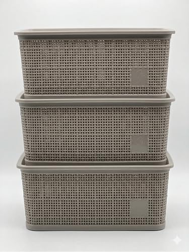 Image of SKI Vogue H1 Multipurpose Storage /Organiser Basket with Lid for Fruits, Toys, Books, Stationery, Cosmetics | Organise Kitchen, Wardrobe, counter-tops - 3 Pcs Set Linen-Beige(Small)