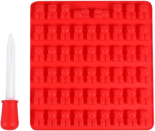 Cavity Bear-shaped Silicone Candy Mold with Dropper Non-stick DIY Chocolate and Gummy Tray for Jelly Ice Cubes and Party Snacks Red Flexible Mold