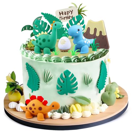 BlingABC 15PCS Cartoon Dinosaur Cake Toppers, Cute Dino Egg Leaves Grass Volcano Cake Decorations for Kids Birthday Baby Shower Dinosaur Animal Theme Party Supplies