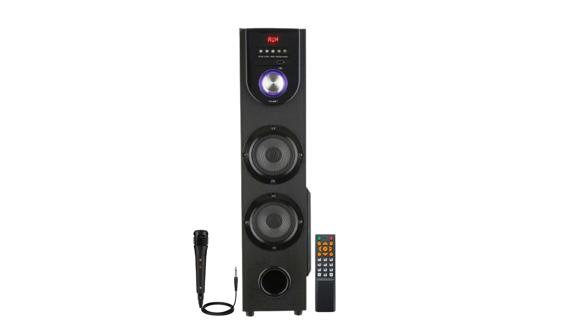 PS-544 Tower Speaker System with Bluetooth 5.0, 80W Power Output, Dual 4 Inch Speakers, 5.25 Inch Woofer, USB Playback, FM Radio, Wired Microphone, Remote Control, Digital Display, Black