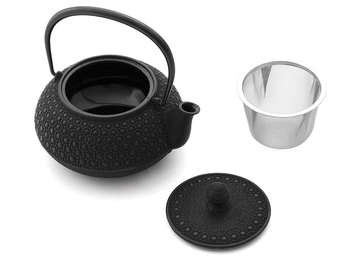 Iwachu Teekanne Gusseisen. Japanische Kyusu Kikko Original, Schwarz 650ml, 0,65 Liter Sieb-Einsatz Edelstahl. Innen Emailliert