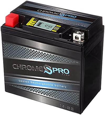 Chrome Pro YTX14-BS iGel Maintenance Free Replacement Battery with Digital Display for ATV, Motorcycle, Scooter, Snowmobile, and UTV: 12 Volts, 1.4 Amps, 12Ah, Nut and Bolt (T3) Terminal
