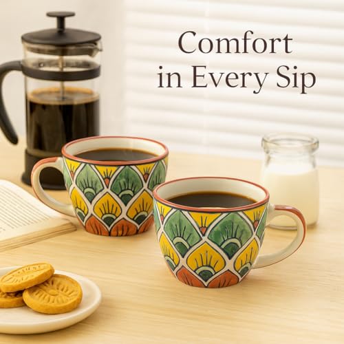 Image of KITTENS Ceramic Mug Set of 2 - 375ml | Hand-Painted Peacock Feather Pattern | Microwave & Dishwasher Safe | Food Grade | Tea, Coffee, Snacks | Ideal Gift for Home, Office & Festive Gifting