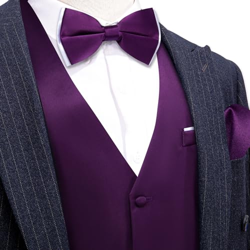 Image of Barry.Wang Mens Suit Vest Bow Tie Set 4PCS Formal V-neck Slim Fit Casual Solid Color Waistcoat Wedding Party Tuxedo