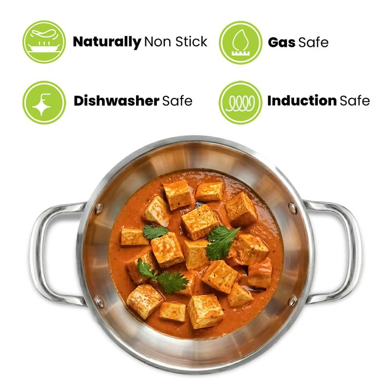 Image of Allo Triply Stainless Steel Kadhai with Handles|Perfect Kadhai for Curry /Stir-Fry /Deep-Fry /DryVeg /Saute Induction Friendly Naturally Non-Stick | 10 Years Warranty, Without lid