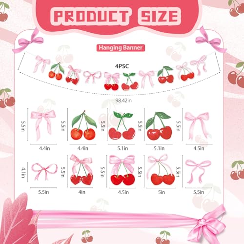 Image of Cherry Party Decorations Cherry and Bow Hanging Banner 4PCS Cherry On Top Baby Shower Decorations for Birthday Bridal Shower Bachelorette Wedding Party Supplies