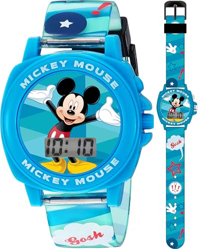 Disney Mickey Mouse Kids Watch with Clear LCD Display, Comfortable Silicone Strap, Fun Sound Effects, Perfect for Boys and Girls Ages 3+, Adjustable Strap Design