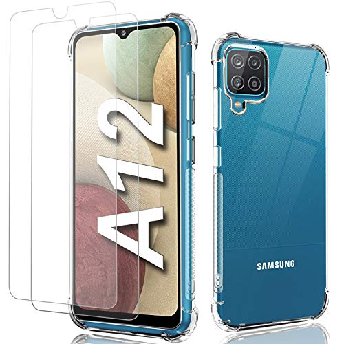 Coque pour Samsung A12/M12,Coque Samsung A12/M12 Transparente + 2Pack Verre Trempé Film Protection écran,Souple TPU Silicone Housse Etui Case Cover pour Galaxy A12 M12 2021 6.5”,Shock-Absorption Cover